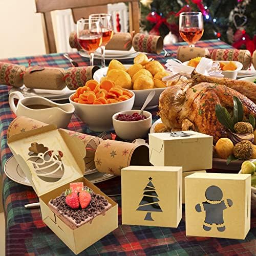 ZMCINER 24 Pieces Christmas Cookie Boxes Christmas Bakery Box with Window for Pastries, Cupcakes, Brownies, Cookies,Donuts, Brown Kraft Bakery Boxes 4"x 4"x 2.5"