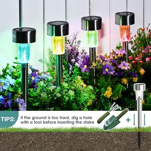GIGALUMI Solar Garden Lights Outdoor, 12 Pack 6-Color, IP65 Waterproof Decorative Pathway Lights, Stainless Steel LED Landscape Lighting for Yard, Lawn, Walkway
