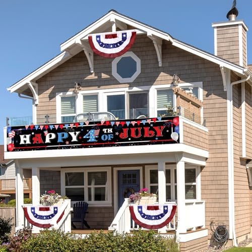 Tiamon 3 Pcs Patriotic Decorations 4th of July Banner with Bunting Fan Flags Red White and Blue Pleated Half Fan Banner American Flag Backdrop for Independence Memorial Day Party Supplies Outdoor