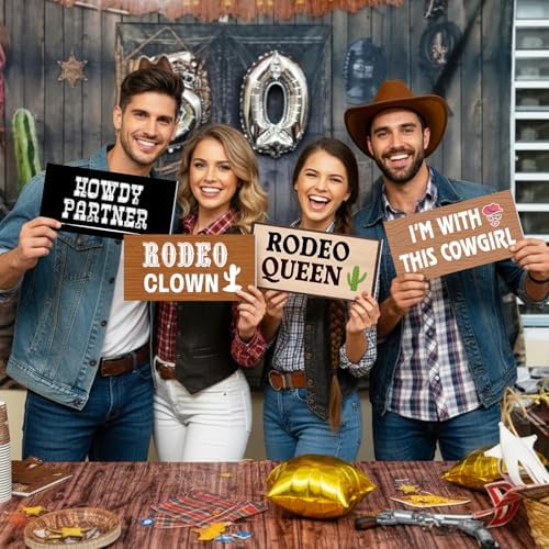 Beeveer 24 Designs Western Cowboy Photo Booth Props, Double Sided PVC Signs