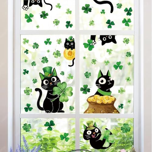 Whaline 6 Sheets St. Patrick' s Day Window Clings Black Cat Green Shamrock Clover Window Decal Reusable Anti-Collision Windows Decor for Irish Holiday Party Supplies