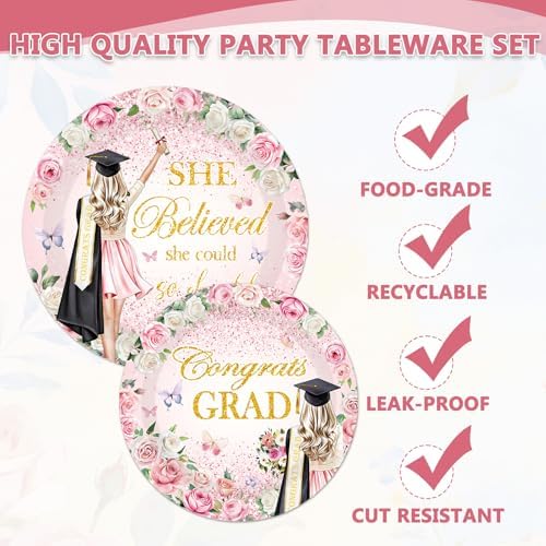 96Pcs She Believed She Could So She Did Paper Plates Napkins Forks Flower Graduation Decorations 2026 Party Tableware Floral Grad Class of 2026 for College High School Supplies Serve 24 Guests