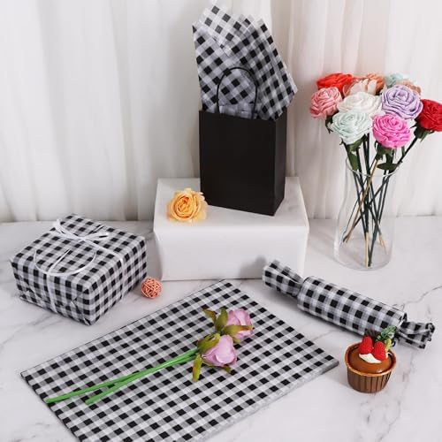 BEISHIDA Christmas Gingham Tissue Paper Bulk, White and Black Buffalo Plaid Wrapping Tissue Paper for Gift Bags, 14 x 20 Inch Gift Wrap for Christmas Easter DIY Crafts Decor Holiday Flowers-50pcs