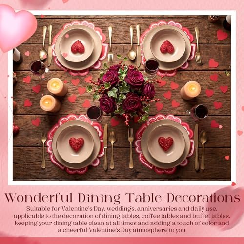 50 Pcs Valentines Round Red Heart Place Mats Pink Disposable Paper Table Mats Bulk Seasonal Valentine Decor for Valentines Anniversary Marriage Proposals Home Party Dining, 12.9 Inch