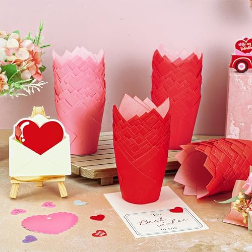 Whaline 200Pcs Valentine's Day Tulip Cupcake Liners Muffin Baking Cups Gradient Red Pink Cupcake Wrappers for Wedding Anniversary Party Supplies Table Decor