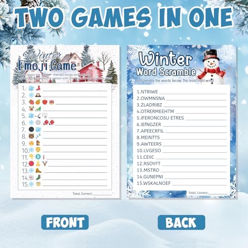 27 Pcs Winter Party Games Merry Christmas Games for Families Holiday Paper Game Cards Double Sided Printed Xmas Word Scramble Guessing Card Adult Family Large Groups Activity Supplies with Answer Key