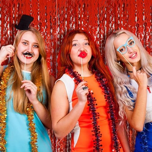Red Tinsel Foil Fringe Curtains Wavy Backdrop for Parties Sparkle Metallic Wavy Foil Fringe Backdrop Curtain for Party Decorations Photo Booth Props Birthday Graduation Wedding Valentines Decor