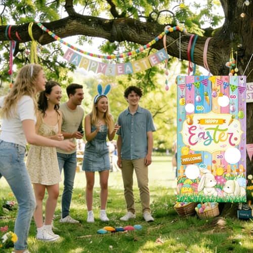 Easter Party Games Set Bean Bag Toss Game for Adults Banner with 4 Bean Bags for Tossing Bunny Egg Easter Party Decoration Indoor Outdoor Festive Decor