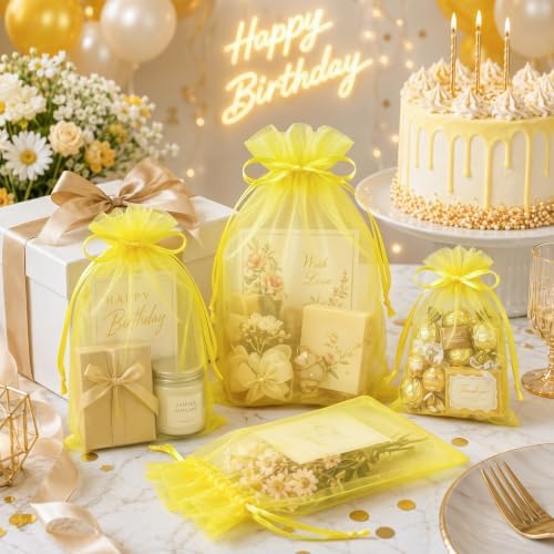 FUNFERY 100PCS Lemon Yellow Organza Gift Bags 6x9in,Drawstring Pouch