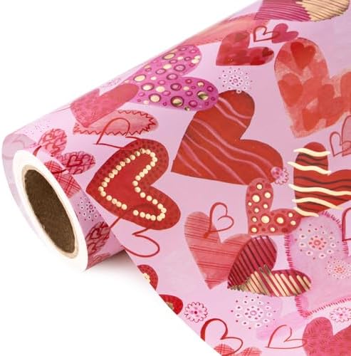 WRAPAHOLIC Valentines Day Wrapping Paper Roll - Mini Roll - 17 Inch x 16.5 Feet - Sweet Heart Wrapping Paper with Gold Foil Design for Valentine's Day, Anniversary, Birthday, Wedding, Baby Shower