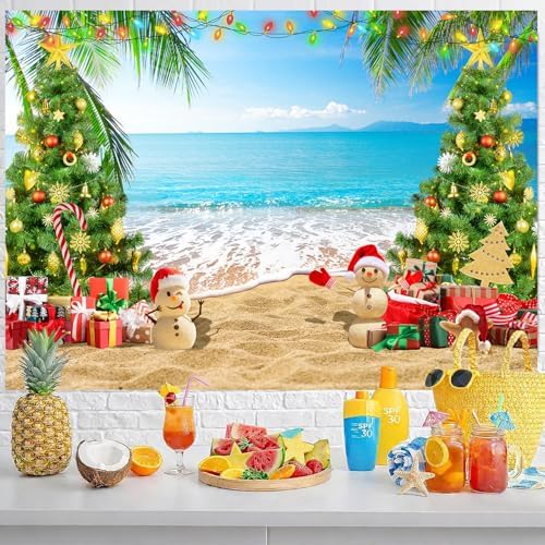 7x5ft July Christmas Backdrop Summer Beach Christmas Tree Photography Background Xmas Party Banner Tropical Hawaiian Holiday Decorations Supplies Photo Props
