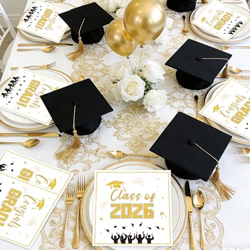 50 Pack Graduation Paper Napkins, Disposable White and Gold Graduation Napkins, Class of 2026 Napkins for Graduation Celebration Party Supplies