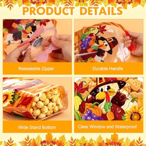 FOIMAS 50pcs Thanksgiving Bags Plastic Fall Goodie Bags with Handles Ziplock Basket Resealable Candy Bag for Thanksgiving Harvest Holiday Party Gift Wrapping Supplies Decoration Favor