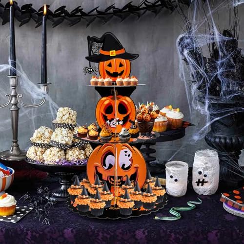 Gistome 3-Tier Halloween Cupcake Stand – Pumpkin Stack Dessert Display Holder for Spooky Party Table, Haunted House Treats, Trick-or-Treat Setup, and Halloween Decorations