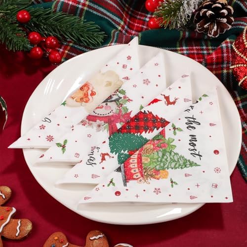 NatNarr 200 Pcs Christmas Cocktail Napkins, 5x5" Christmas Paper Napkins Xmas Tree Santa Snowman Decoupage Napkins Disposable Holiday Napkins for Winter New Year Party