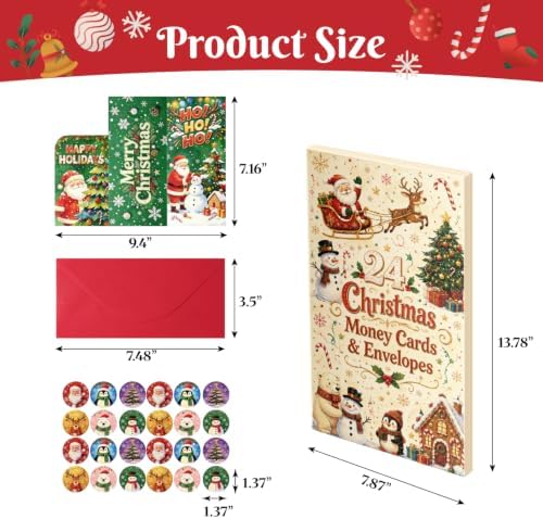 Jaywayang 24 Pack Christmas Money Holders Cards, 6 Styles Xmas Cash Gift Card with Red Envelopes & Holiday Sealing Stickers