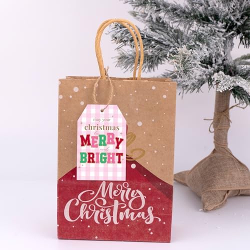 joycraft 50Pcs Christmas Tags with String, Pink Plaid Merry Christmas Tags