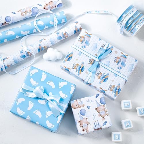 WRAPAHOLIC Bear Baby Shower Wrapping Paper - Mini Roll - 3 Rolls - 17 Inch x 120 Inch - Adventure Bear in Airplane and Party Design for Baby Shower, Boy Birthday