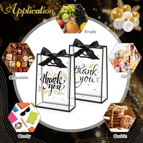 Capoda 24 Pcs Clear Thank You Gift Bags with Handles, Black and Gold