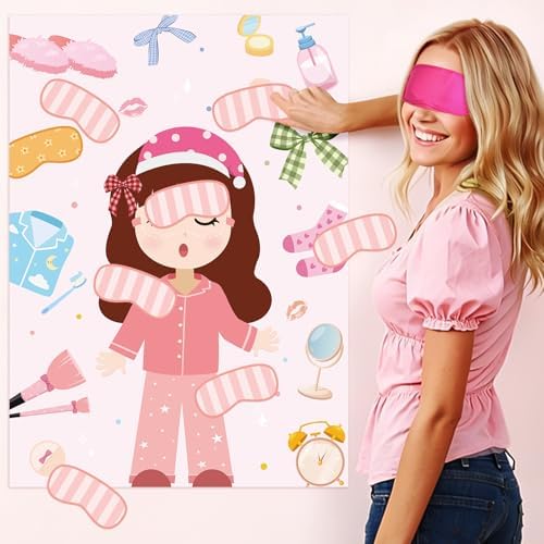 Hooqict Sleepover Slumber Party Games Pin The Blindfold on The Girl for Kids Girls Night Birthday Party Decorations Supplies, Large Pin Tail Games Poster with 27 Stickers