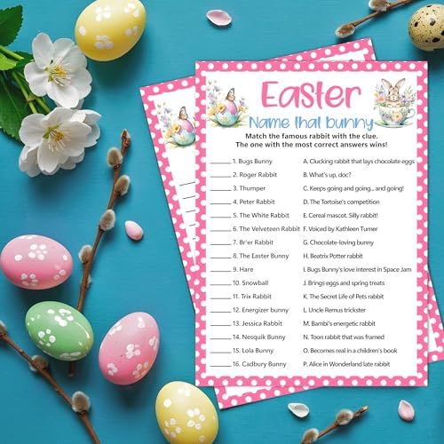 Easter Games for Adults and Kids, Easter Bunny Clues Game Cards, Cute Family Feud Trivia Game for Family Friends, Holiday Party Games for Activities Party Decorations Supplies, 5x7 Inch-A04