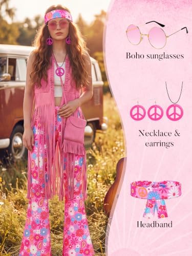 SOMSOC 7 Pieces 60s 70s Women Hippie Costume Fringe Vest Bag Pant Headband for Disco