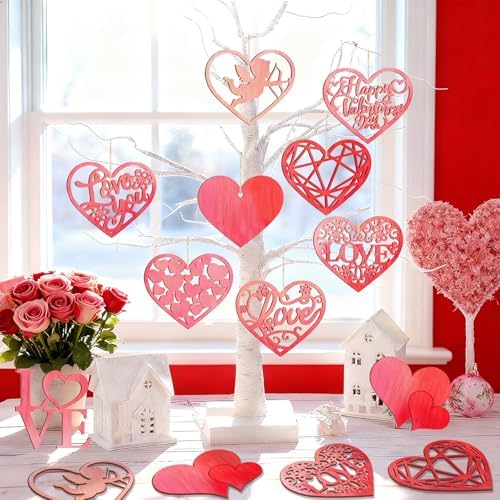 36PCS Wooden Heart Ornaments to Paint Valentine's Day Craft,9 Styles DIY Blank Unfinished Wood Heart Cutouts Ornament for Crafts Spring Tree Hanging Decorations Love