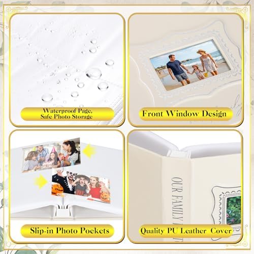 Dunzoom Our Family Photo Album 200 Pcs 4x6 Inch Leather Wedding Anniversary Album with Front Window Double Heart Design Couple Gifts