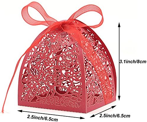 KPOSIYA Pack of 100 Laser Cut Rose Candy Boxes, Favor Boxes 2.5"x 2.5"x 3.1", Gift Boxes Bridal Shower Anniverary Birthday Party Wedding Favor (100,Red)