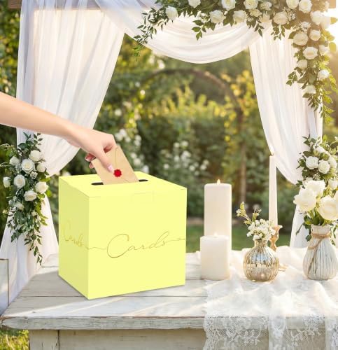HEIPINIUYE Yellow Wedding Card Box with Gold Foil 9.8" x 9.8" Yellow Large Gift Card Box for Party Wedding Reception Graduation Birthday Baby Shower Cardboard Raffle Envelope Box with Slot