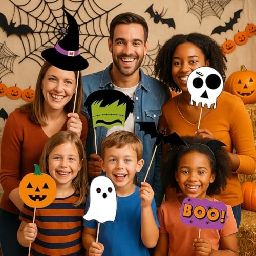 22PCS Halloween Photo Booth Props – Spooky Party Photo Props for All Ages, Ghost/Pumpkin/Bat/Witch Designs, Easy DIY Assembly, Sturdy Cardstock Party Decorations for Photo Booth & Selfies
