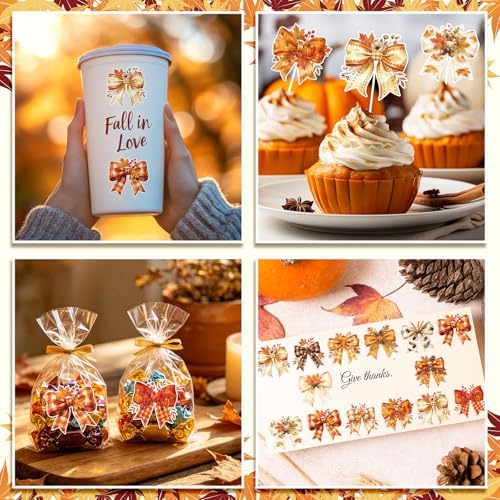 Whaline 1000 Pcs Fall Bow Stickers Roll Orange Pumpkin Plaid Leaves Bowknot Self-Adhesive Decals for Thanksgiving Autumn Scrapbook Journal Envelope Decor, 2 Rolls