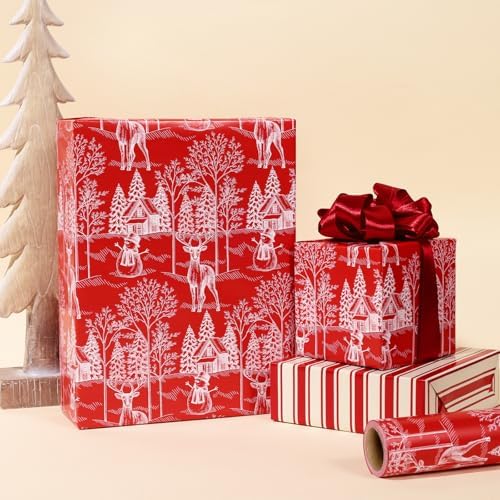 LaRibbons Red Christmas Wrapping Paper, Vintage Deer Winter Toile Design