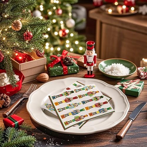 WRAPAHOLIC 50Pcs Nutcracker Christmas Paper Napkins - 3-Ply Disposable Cocktail Napkin for Christmas Party Supplies Tableware, Xmas Holiday Party Decorative Towels - 5 x 5 In