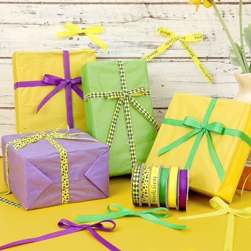 DECYOOL Mardi Gras Ribbon 6 Rolls 60 Yards Holiday Grosgrain Ribbons