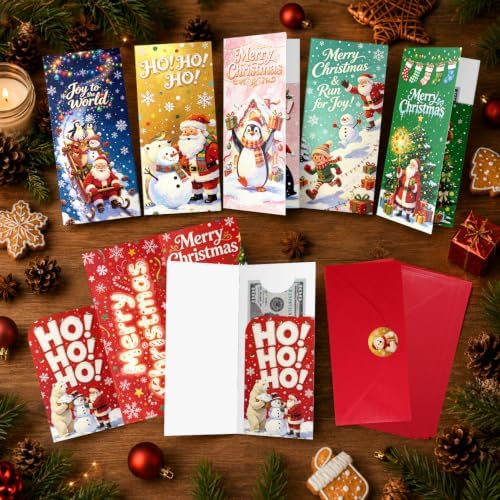 24 Pack Christmas Money Card Holders, 6 Unique Festive Xmas Designs Snowman Polar Bear Santa Reindeer Tree Cash Gift Cards, Includes Envelopes & Stickers, Xmas Cash Check Gift Card Holders for Holiday Present