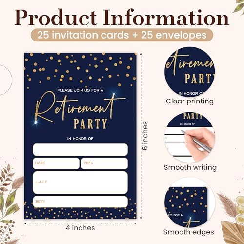 Navy Gold Sparkle Retirement Invitations 25 Pcs
