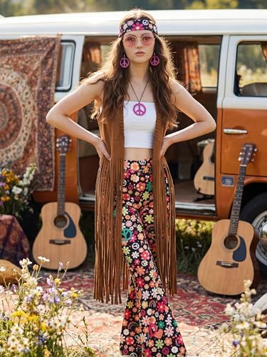 SOMSOC 7 Pieces 60s 70s Women Hippie Costume Fringe Vest Bag Pant Headband for Disco