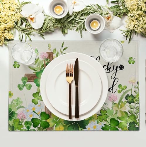 St Patricks Placemats Set of 4 St. Patrick's Day Cross Shamrocks Clover Linen Table Mats 12x18 Inch Spring Heat Resistant Washable Place Mat for Kitchen Dining Home Party Decor