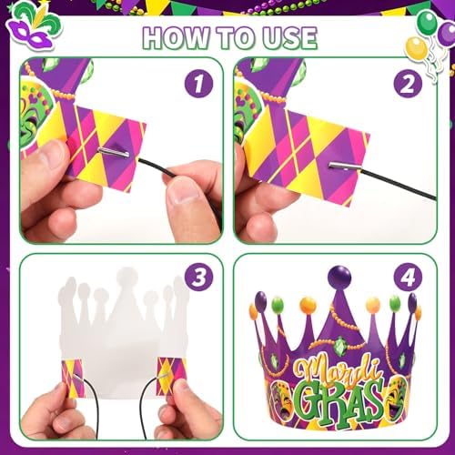 Qpout 24pcs Mardi Gras Crown Headband Carnival Party Paper Hat Headpiece Photo Booth Props Kits Mardi Gras Crowns for Carnival New Orleans Party Favors Supplies Decoration
