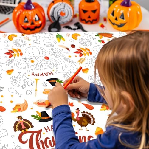 108 x 54 Inch Thanksgiving Day Coloring Tablecloth, Leaves Giant Drawing Tablecloth Fall Festival Coloring Paper Table Cloth for Thanksgiving Fall Festival Party Crafts Game