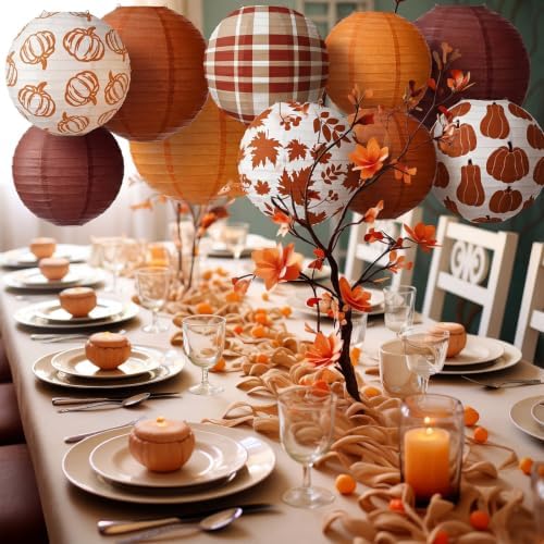 Bencailor 16 Pcs Fall Paper Lanterns Thanksgiving Orange Pumpkin Party Paper Lanterns Round Thankful Maple Leaves Hanging Party Decorations for Autumn Harvest Outdoor Decor (Cut,Warm)