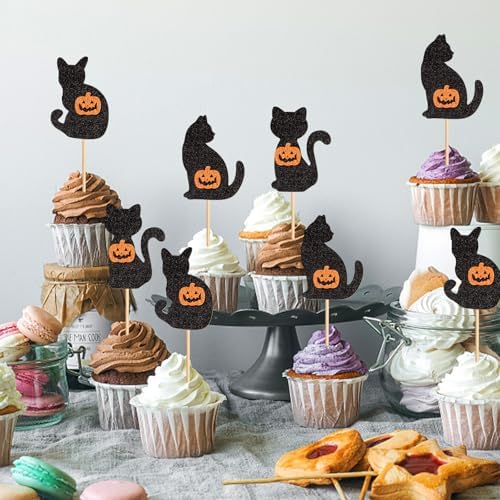 24Pcs Halloween Cat Cupcake Toppers Pumpkin Kitty Cupcake Picks