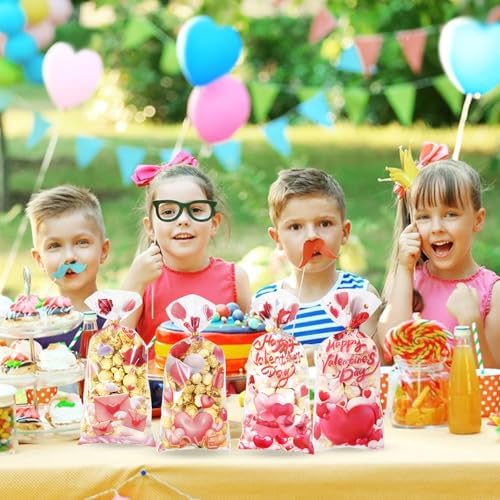 Valentines Goodie Bags, 120Pcs Valentines Treat Bags for Candy Goody Snacks Gifts Packing, Valentines Day Cellophane Bags With 135Pcs Twist Ties for Kids Classroom Party Favors - 4 Lovely Style