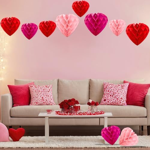 JULMELON 18 PCS Valentine's Day Party Heart Decorations, Red Pink Magenta Heart Paper Honeycomb Balls Hanging Valentines Day Ornaments Galentines Day Decor for Wedding Bridal Shower Party