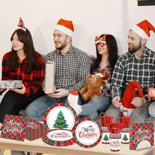 Christmas Plates and Napkins Party Decoration Serve 24, Red Green Merry Christmas Tree Buffalo Plaid Tableware Disposable Paper Plates,Napkins,Cups,Forks,Knives for Xmas Holiday Supplies Decor