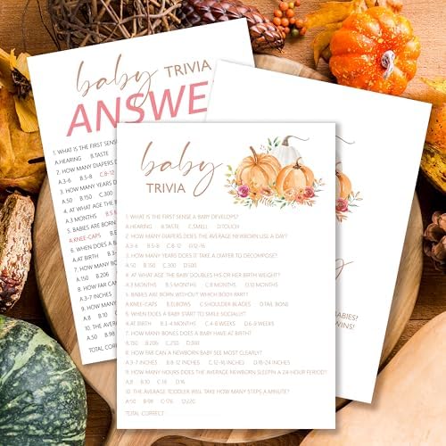 Baby Shower Games, Thanksgiving Baby Trivia Game Cards + 1 Answer Card, 25 Sets Gender Reveal Party Decorations Supplies - E05