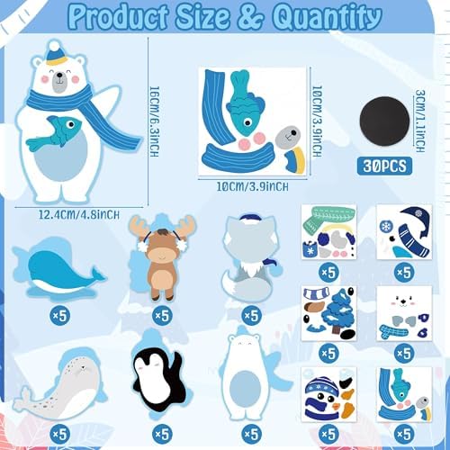 Haooryx DIY Polar Animal Magnet Craft Kit - 30 Set Make Your Own Winter Arctic Animal Sticker Decoration Christmas Paper Craft for School Art Project Refrigerator Bulletin Board Xmas Holiday Decor