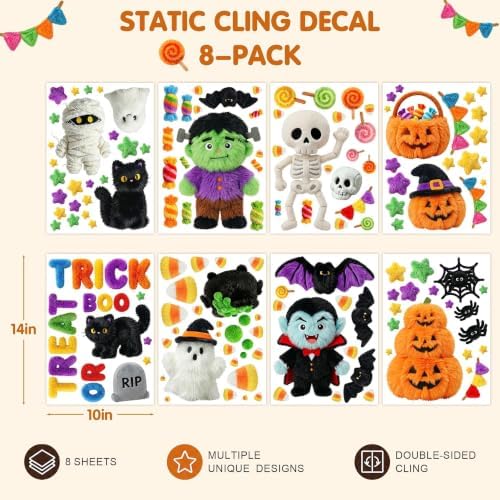 Halloween Decorations Window Clings, 8 Sheets Plush Style Zombie Skeleton Monster Vampire Pumpkin Halloween Decals, Cute Double Sided Printed Glass Door clings Decals for Home Office School Party