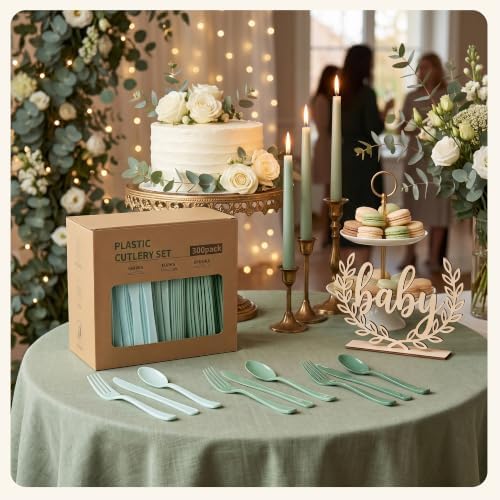 300Pcs Sage Green Plastic Silverware Set, Full Size Disposable for Dinner
